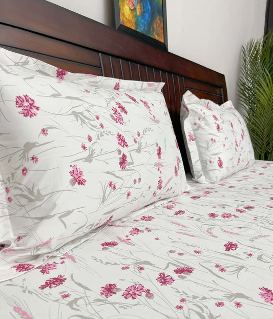 Little Flower (Pink) - 210 TC Super Soft , King Size Bedsheet Set