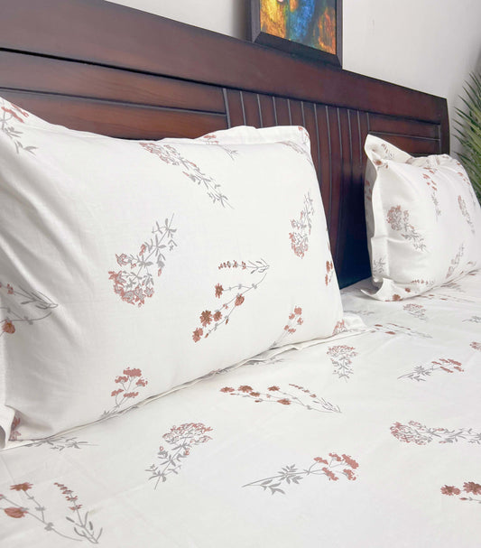 Flora (Rust)  - 144TC Superior Cotton , Queen Size Bedsheet Set