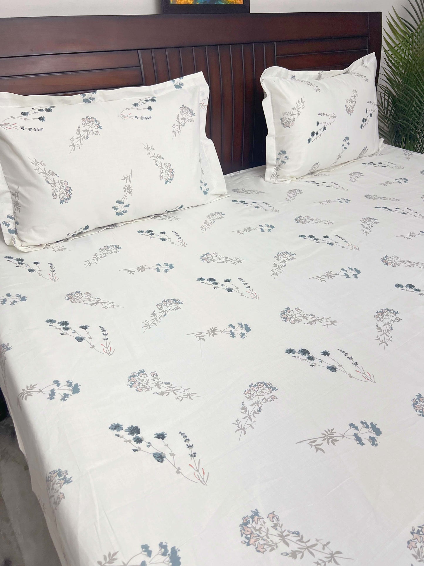 Flora (Blue)  - 144TC Superior Cotton , Queen Size Bedsheet Set